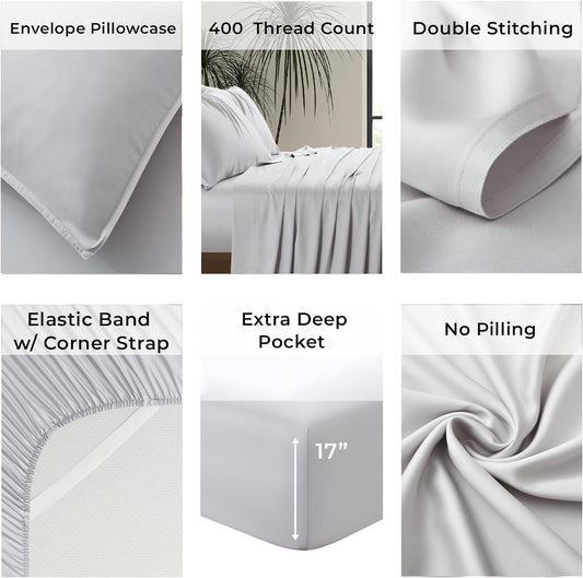 Double Stitched Grey 100% Bamboo Bed Sheet Set