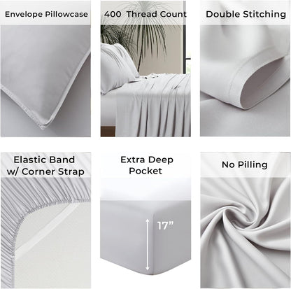 Double Stitched Grey 100% Bamboo Bed Sheet Set