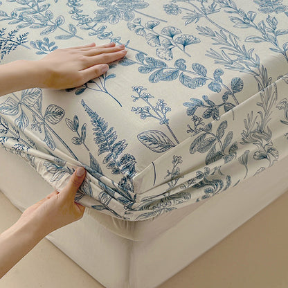 Winter Plant Print Fitted Bed Sheet Set