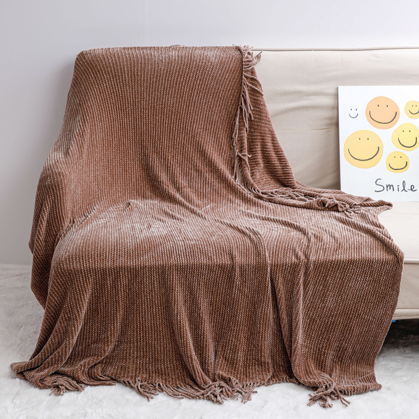Chocolate Chenille Tassel Blanket