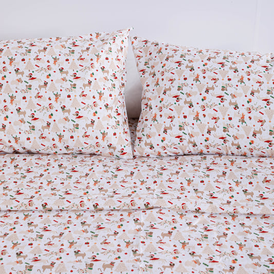 Christmas Puppy Print Bed Sheet Set