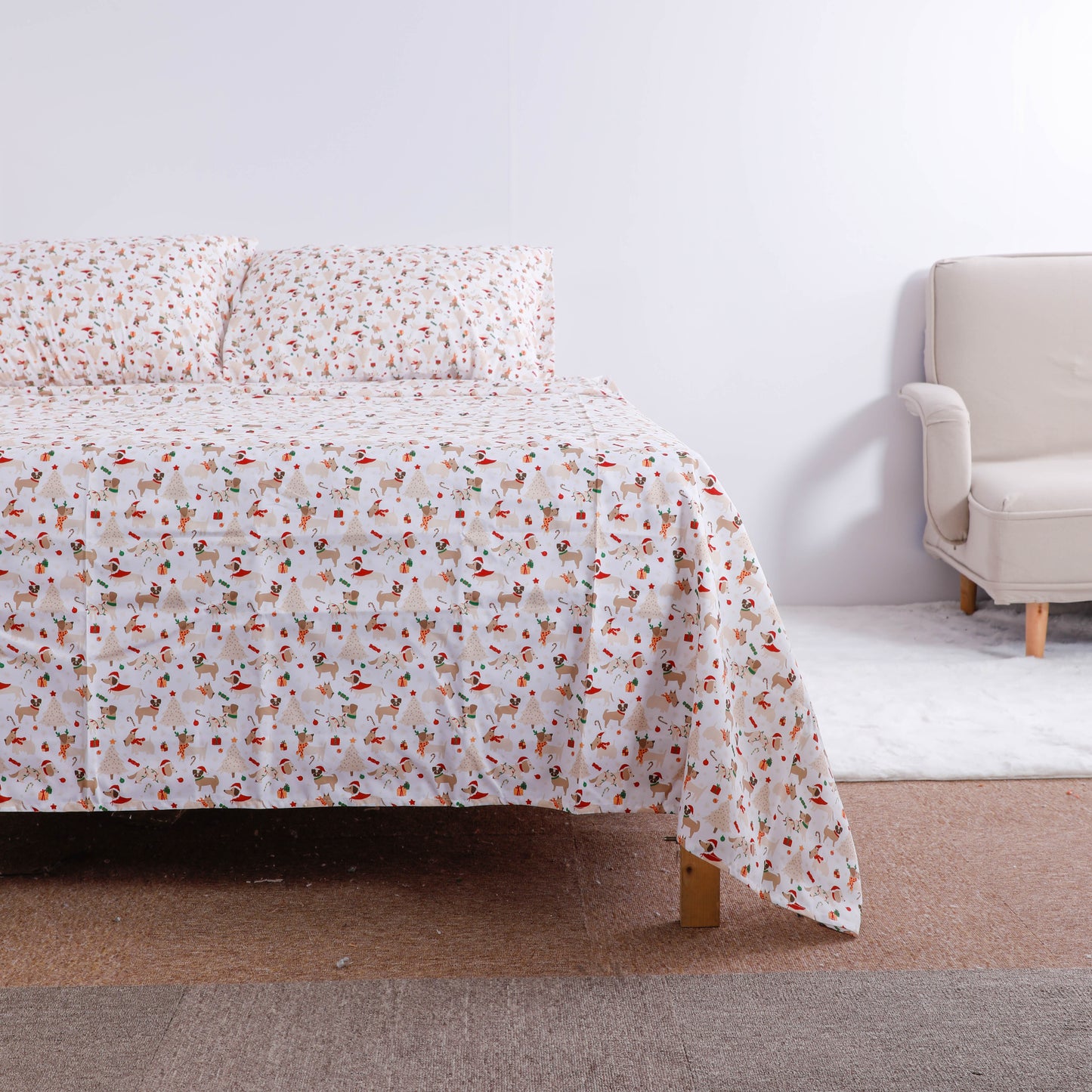 Christmas Puppy Print Bed Sheet Set