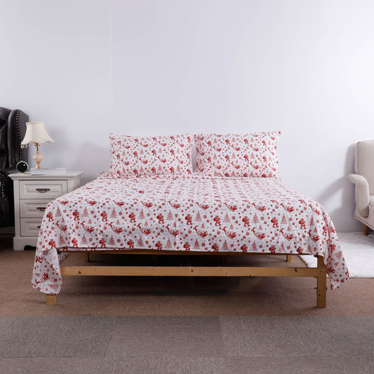 Red Christmas Print Bed Sheet Set