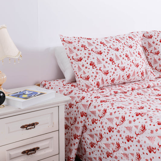 Red Christmas Print Bed Sheet Set