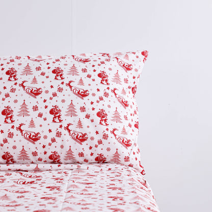 Red Christmas Print Bed Sheet Set