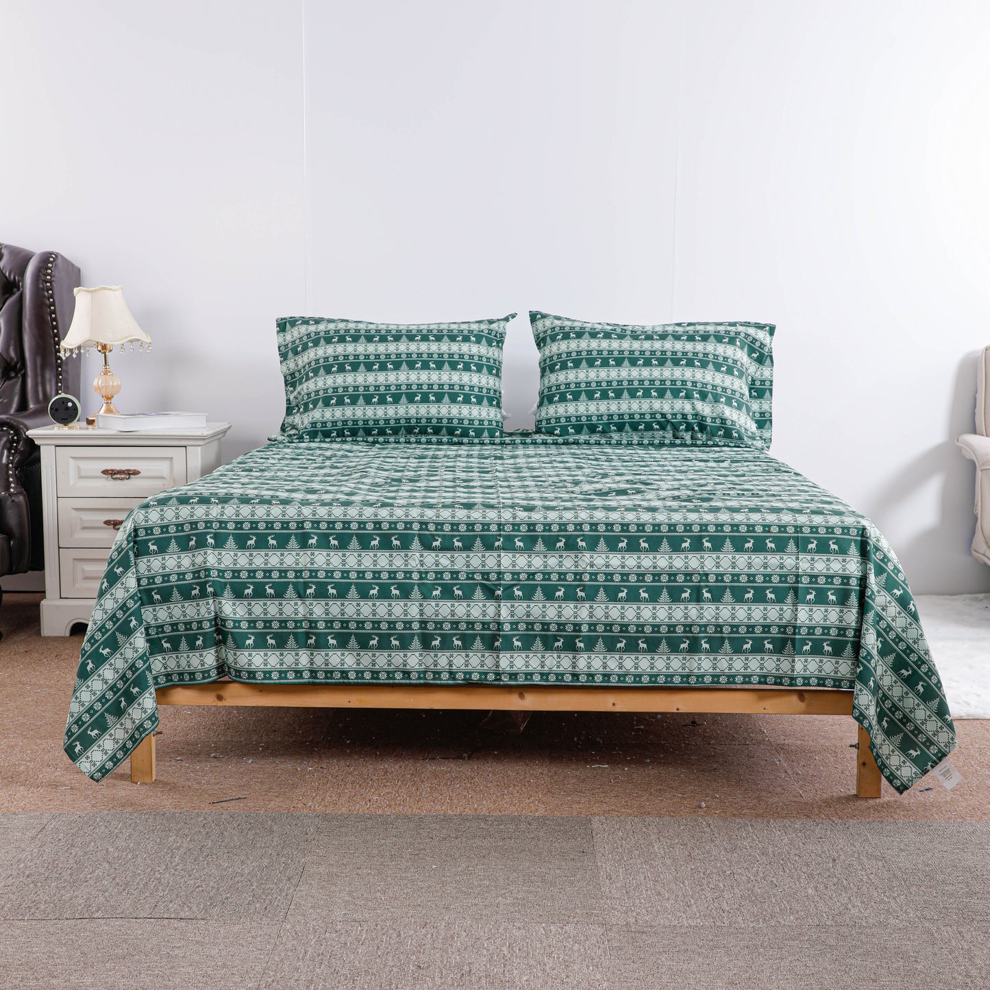 Christmas Green Reindeer Bed Sheet Set