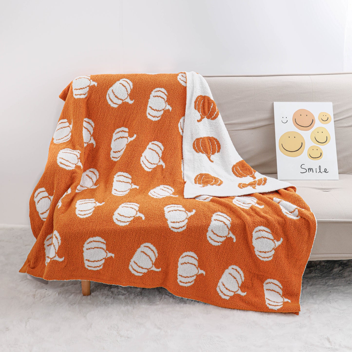 Pumpkin Cozy Knitted Fleece Throw