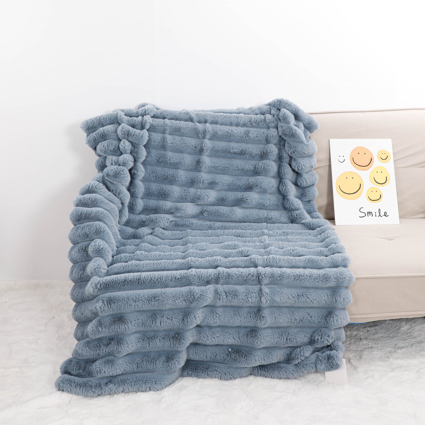 Blue Thick-Striped Faux Fur Plush Throw