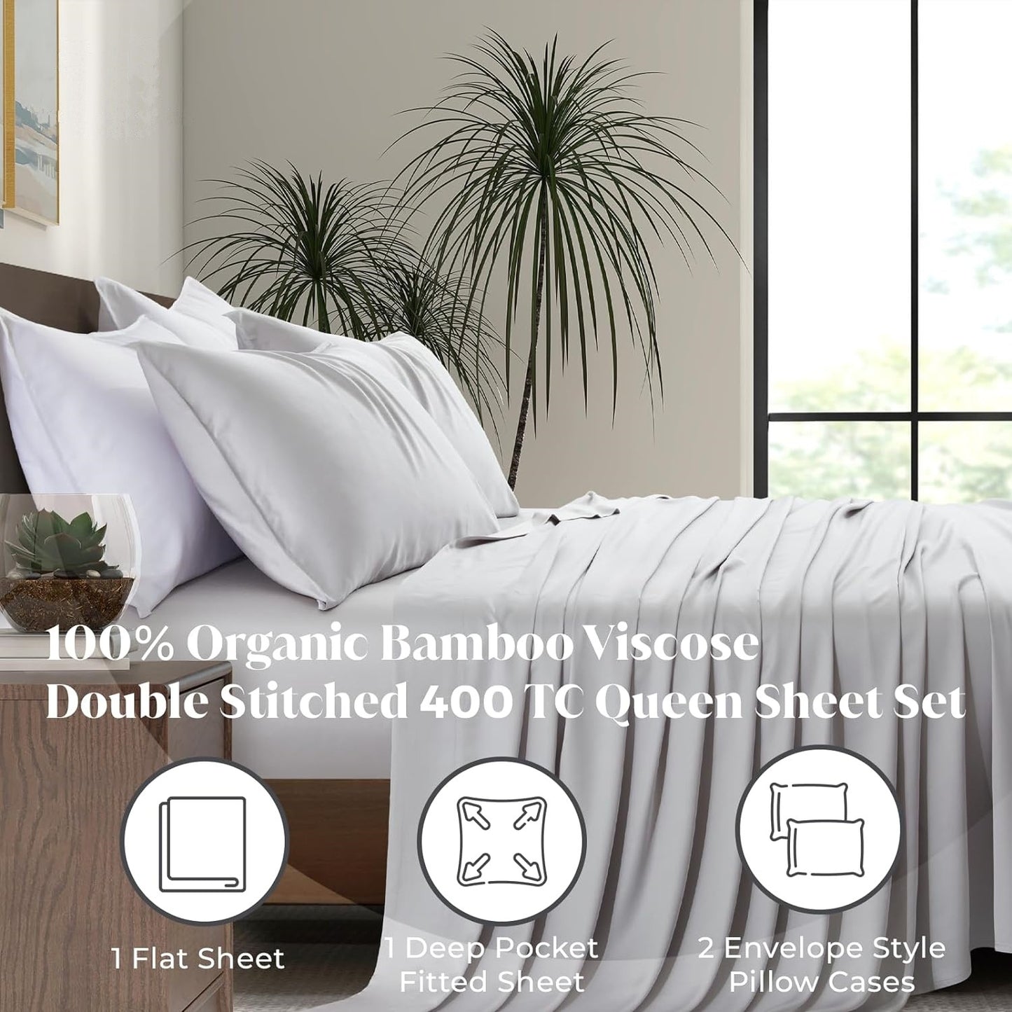 Double Stitched Grey 100% Bamboo Bed Sheet Set