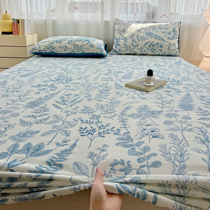 Winter Plant Print Fitted Bed Sheet Set