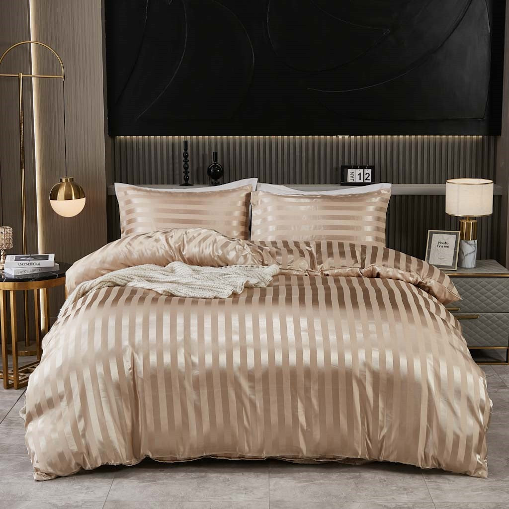 Khaki Satin Striped Duvet cover Sets