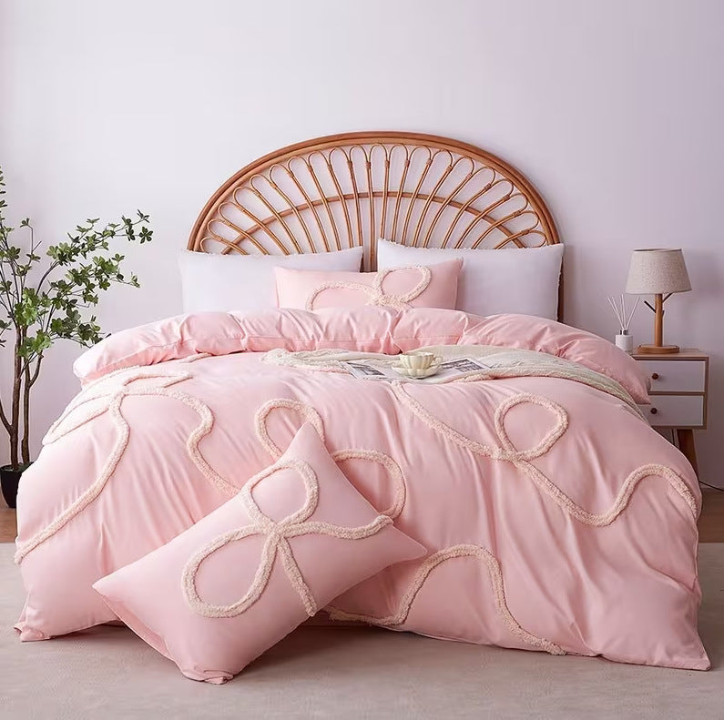 Three Piece Bow Set Tufted Comforter Set
