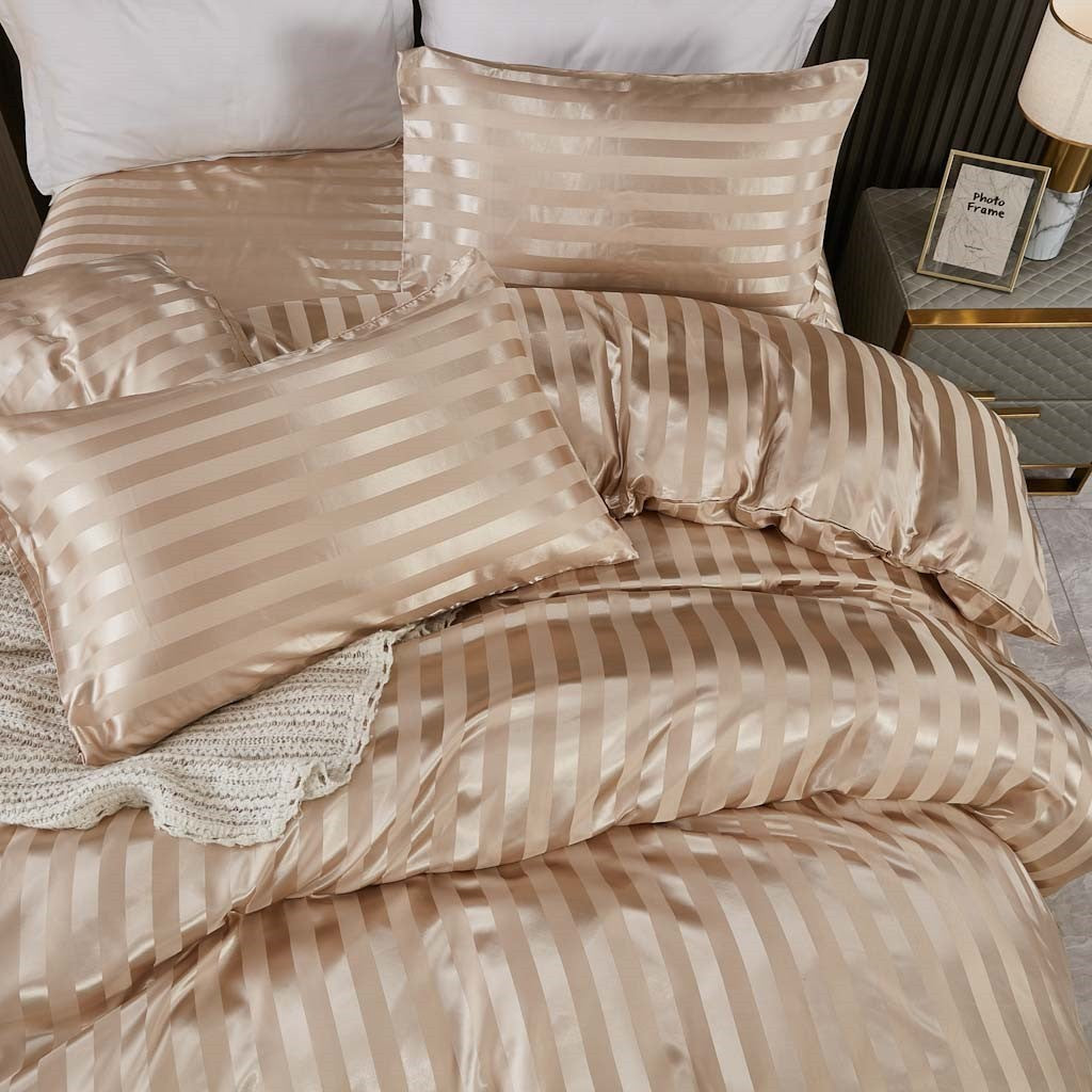 Khaki Satin Striped Duvet cover Sets