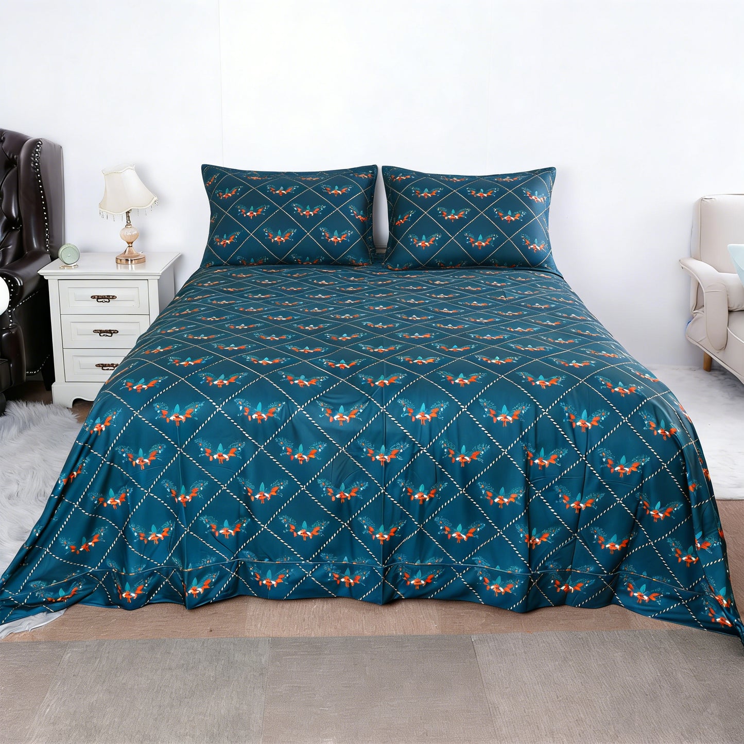 Wholesale Green Background Bow Print Bed Sheet Set