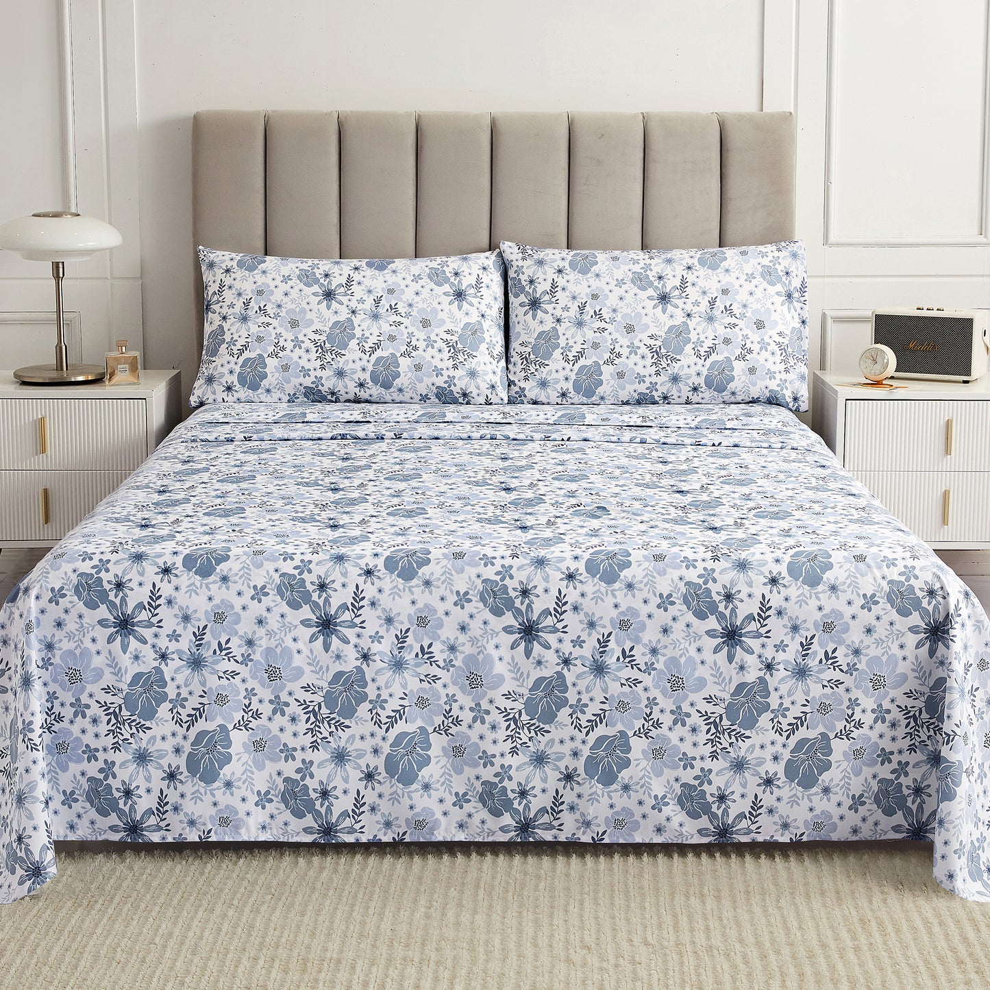 Wholesale Blue Floral 4Pc Bed Sheets Set