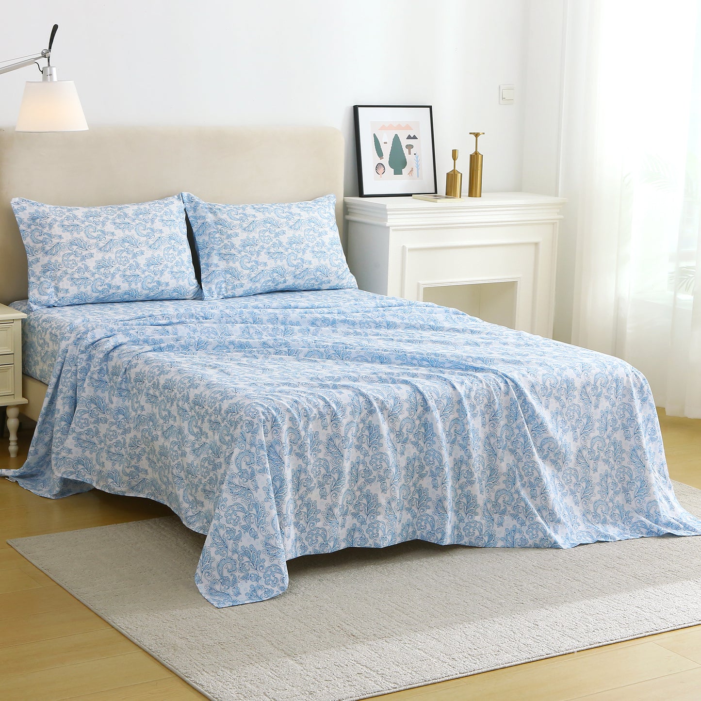 Blue Floral Brushed Bedding Set