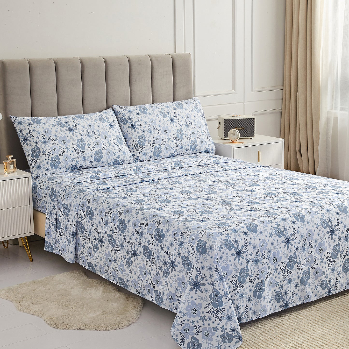 Wholesale Blue Floral 4Pc Bed Sheets Set