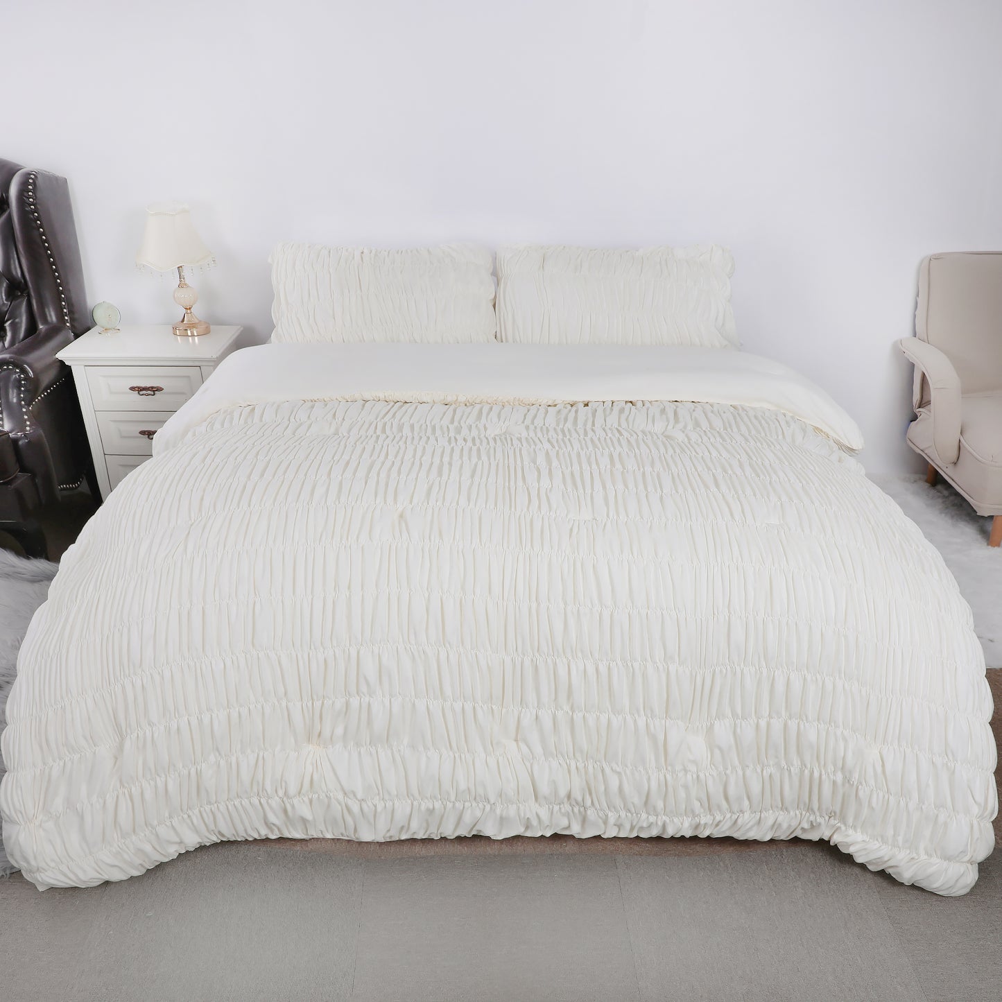 White Vertical Stripe Elastic Embroidered Comforter Set