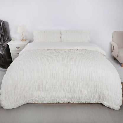 White Vertical Stripe Elastic Embroidered Comforter Set