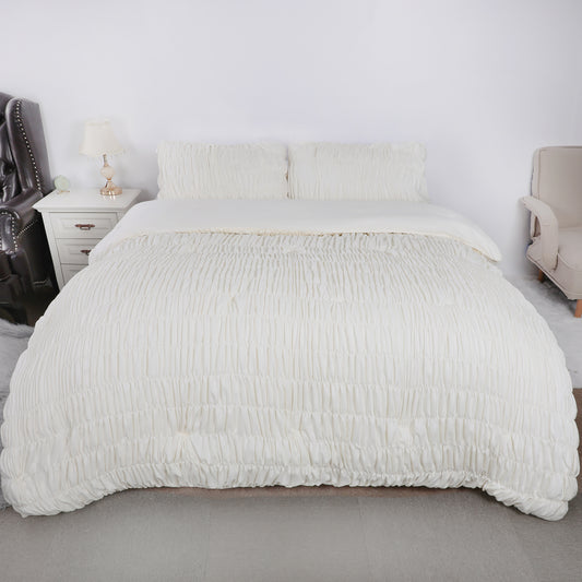 White Vertical Stripe Elastic Embroidered Comforter Set
