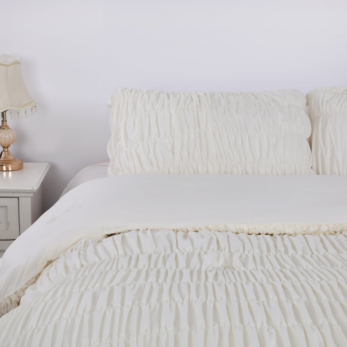 White Vertical Stripe Elastic Embroidered Comforter Set