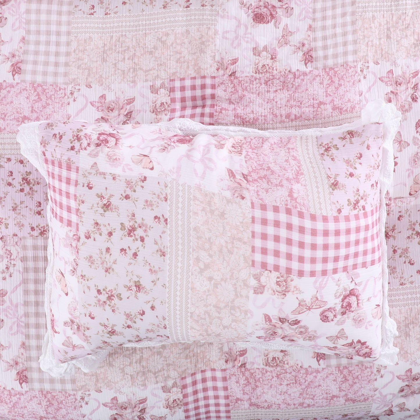 Pink Patchwork Floral Lace Comforter Set