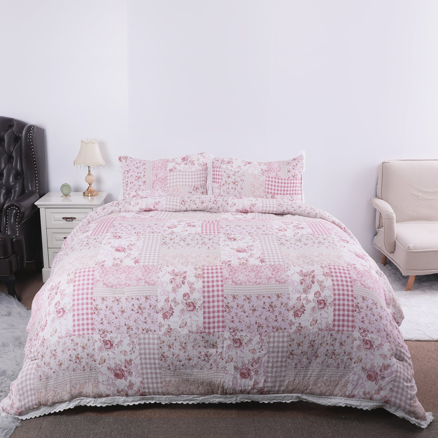 Pink Patchwork Floral Lace Comforter Set