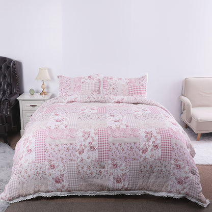 Pink Patchwork Floral Lace Comforter Set