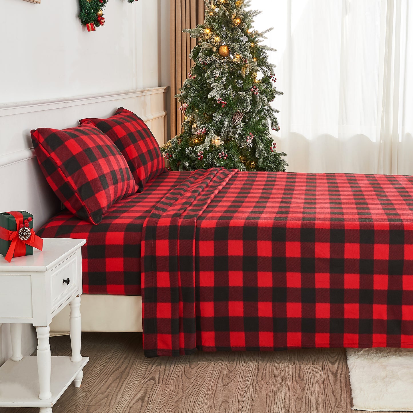 Wholesale 4pc  Plaid Printed Double-faced Fleece Bedding Set