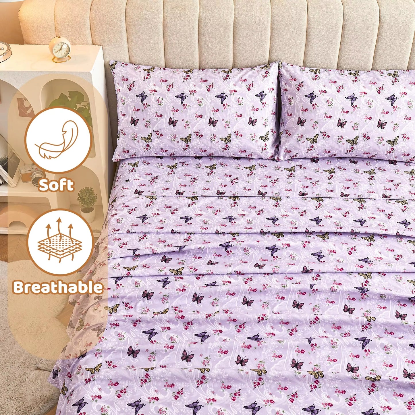 Butterfly Patterned Printed Four Piece Bed Sheets Set