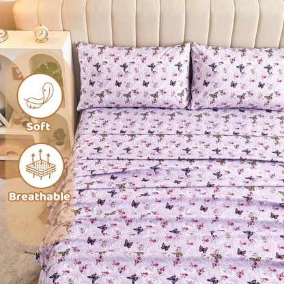 Butterfly Patterned Printed Four Piece Bed Sheets Set