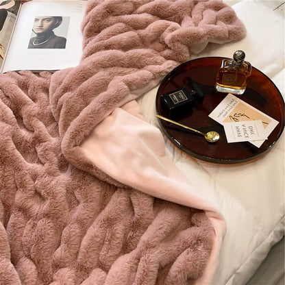 Solid Fax Fur Fleece Blanket Throw