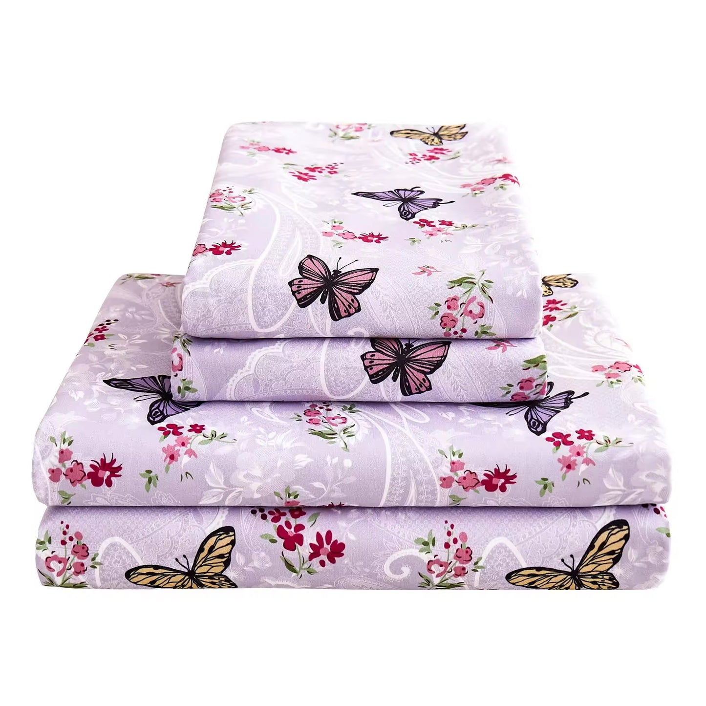 Butterfly Patterned Printed Four Piece Bed Sheets Set