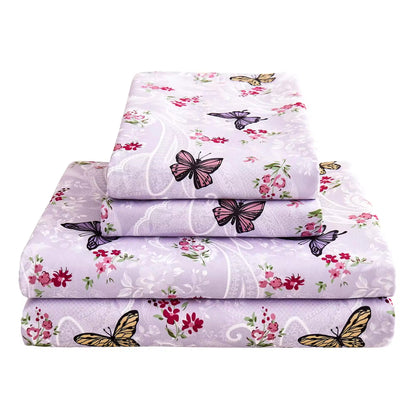 Butterfly Patterned Printed Four Piece Bed Sheets Set