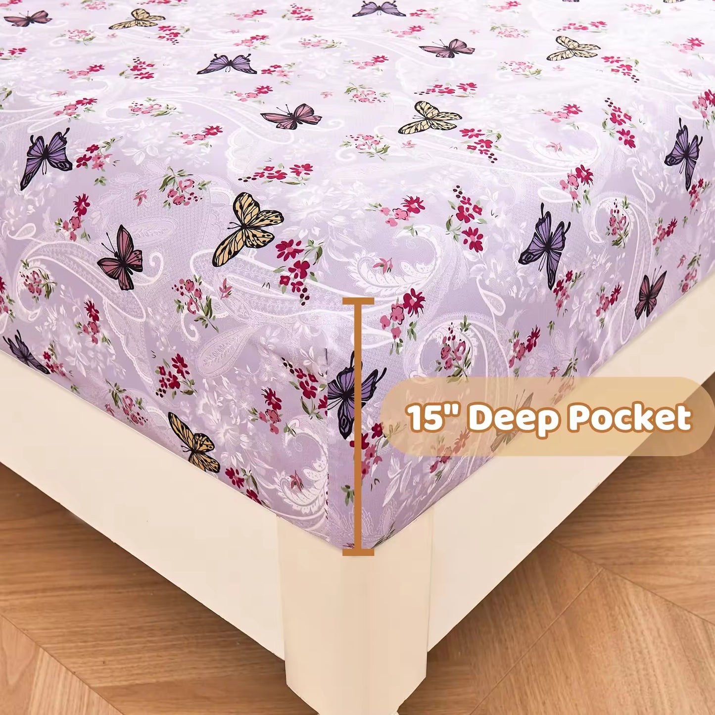 Butterfly Patterned Printed Four Piece Bed Sheets Set