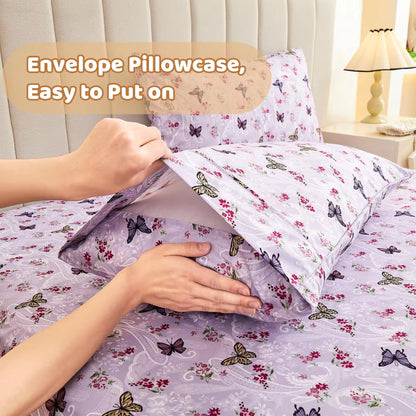 Butterfly Patterned Printed Four Piece Bed Sheets Set