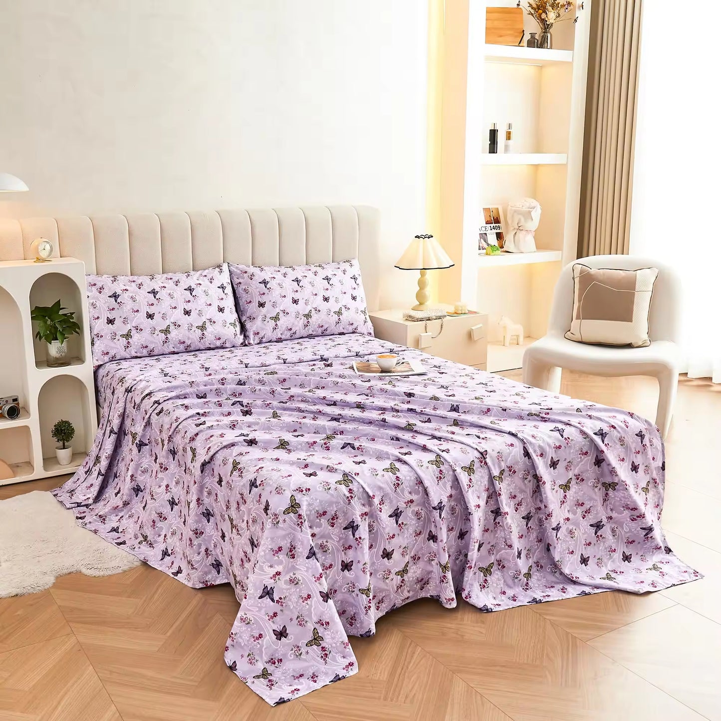 Butterfly Patterned Printed Four Piece Bed Sheets Set