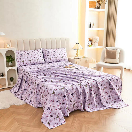 Butterfly Patterned Printed Four Piece Bed Sheets Set